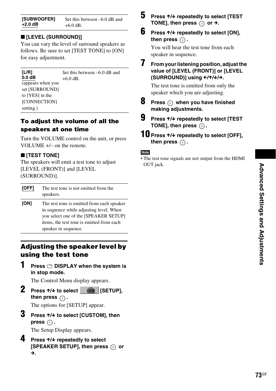 Adjusting the speaker level by using the test tone | Sony DAV-DZ231 User Manual | Page 73 / 96