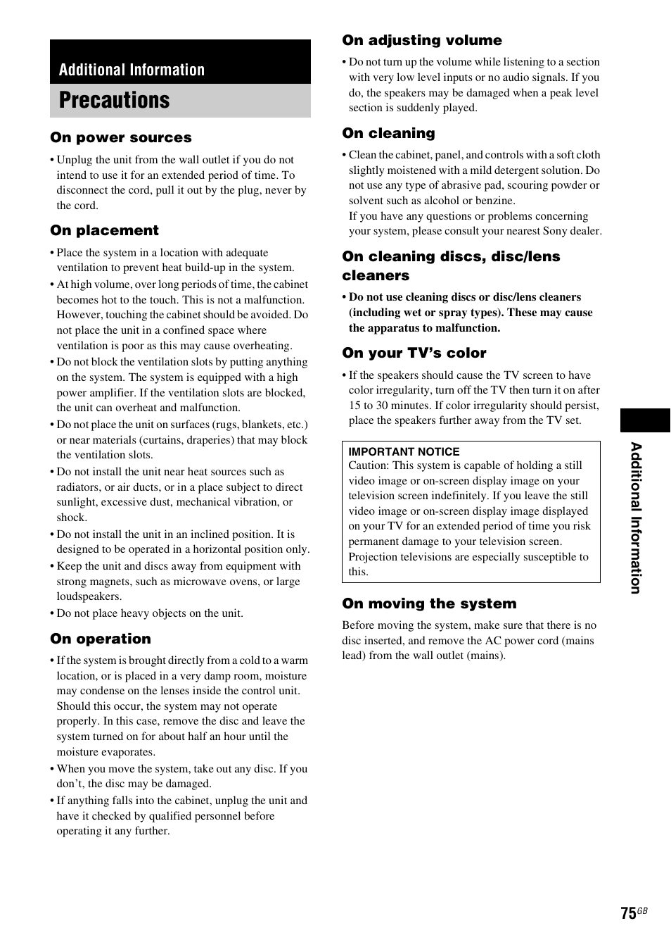 Additional information, Precautions | Sony DAV-DZ231 User Manual | Page 75 / 96