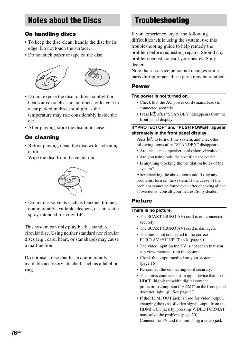Notes about the discs, Troubleshooting, Notes about the discs troubleshooting | Sony DAV-DZ231 User Manual | Page 76 / 96