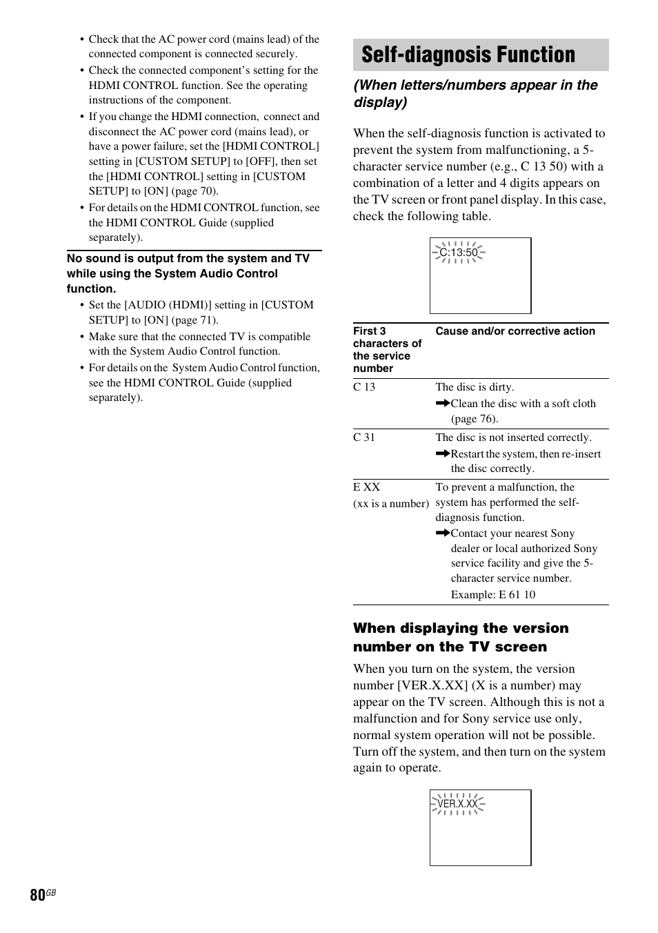 Self-diagnosis function, When letters/numbers appear in the display) | Sony DAV-DZ231 User Manual | Page 80 / 96