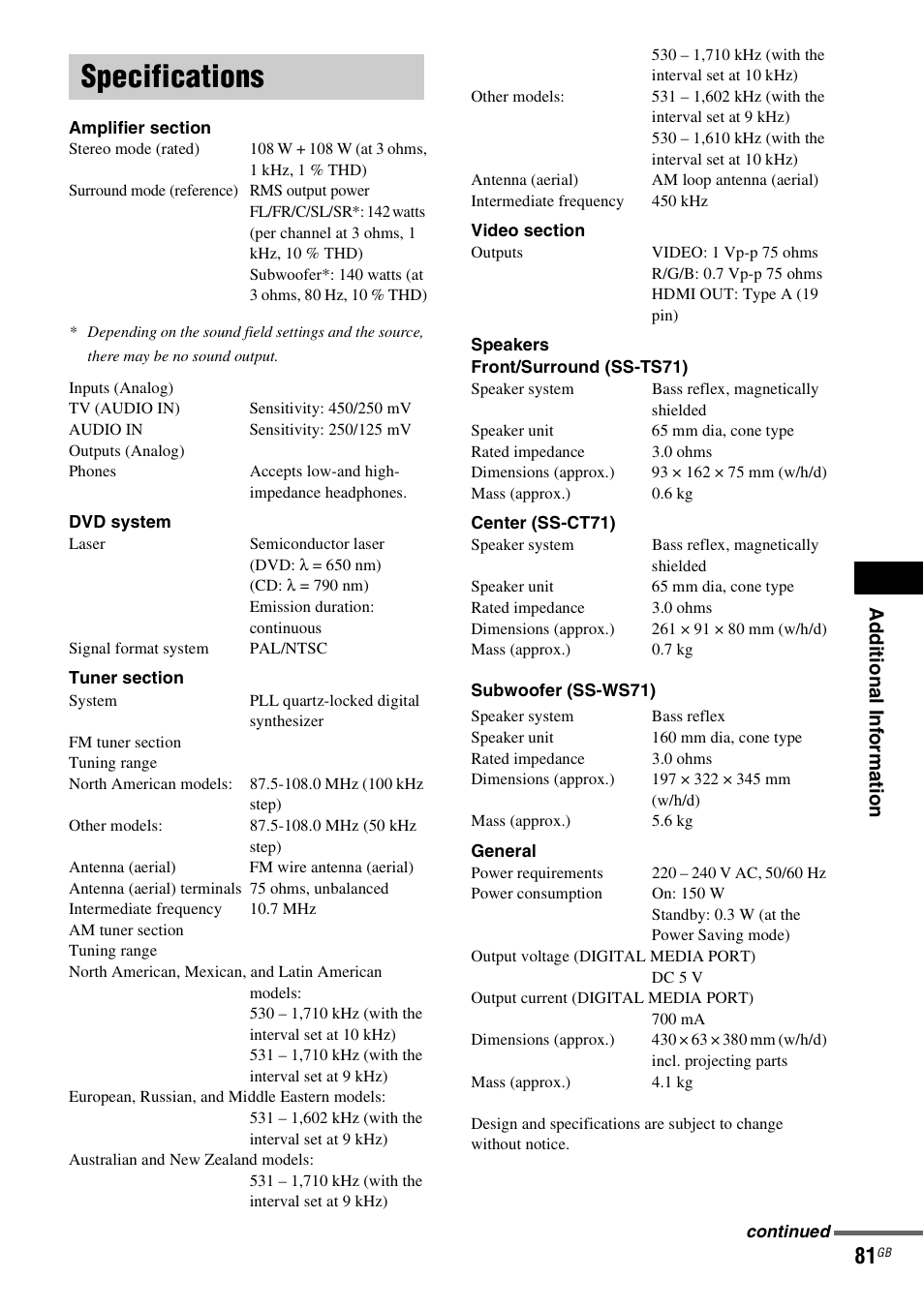 Specifications, Ad dition al i n fo rm atio n | Sony DAV-DZ231 User Manual | Page 81 / 96