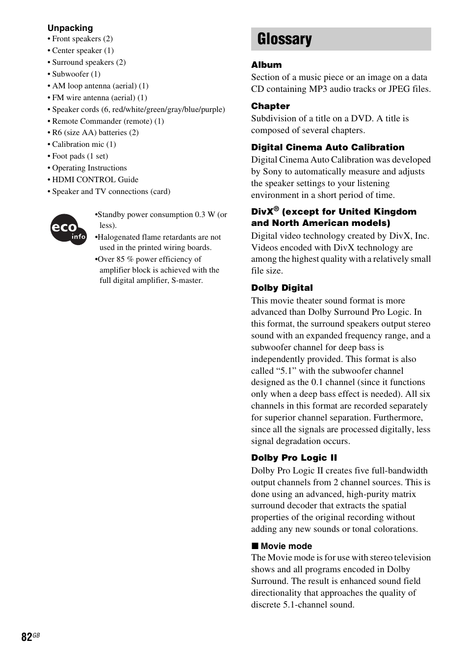 Glossary | Sony DAV-DZ231 User Manual | Page 82 / 96