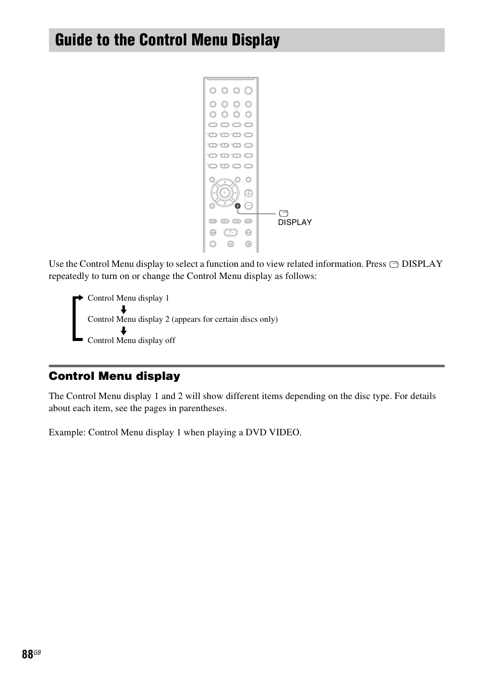 Guide to the control menu display, Control menu display | Sony DAV-DZ231 User Manual | Page 88 / 96