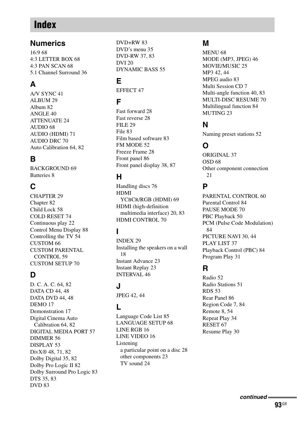 Index, Numerics | Sony DAV-DZ231 User Manual | Page 93 / 96