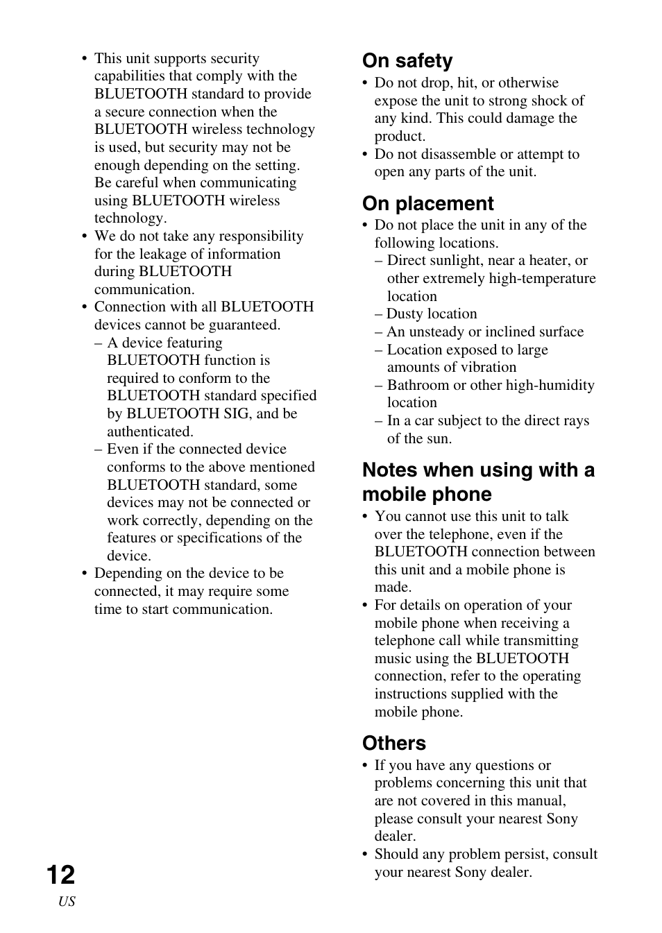 On safety, On placement, Others | Sony TDM-BT1 User Manual | Page 12 / 44