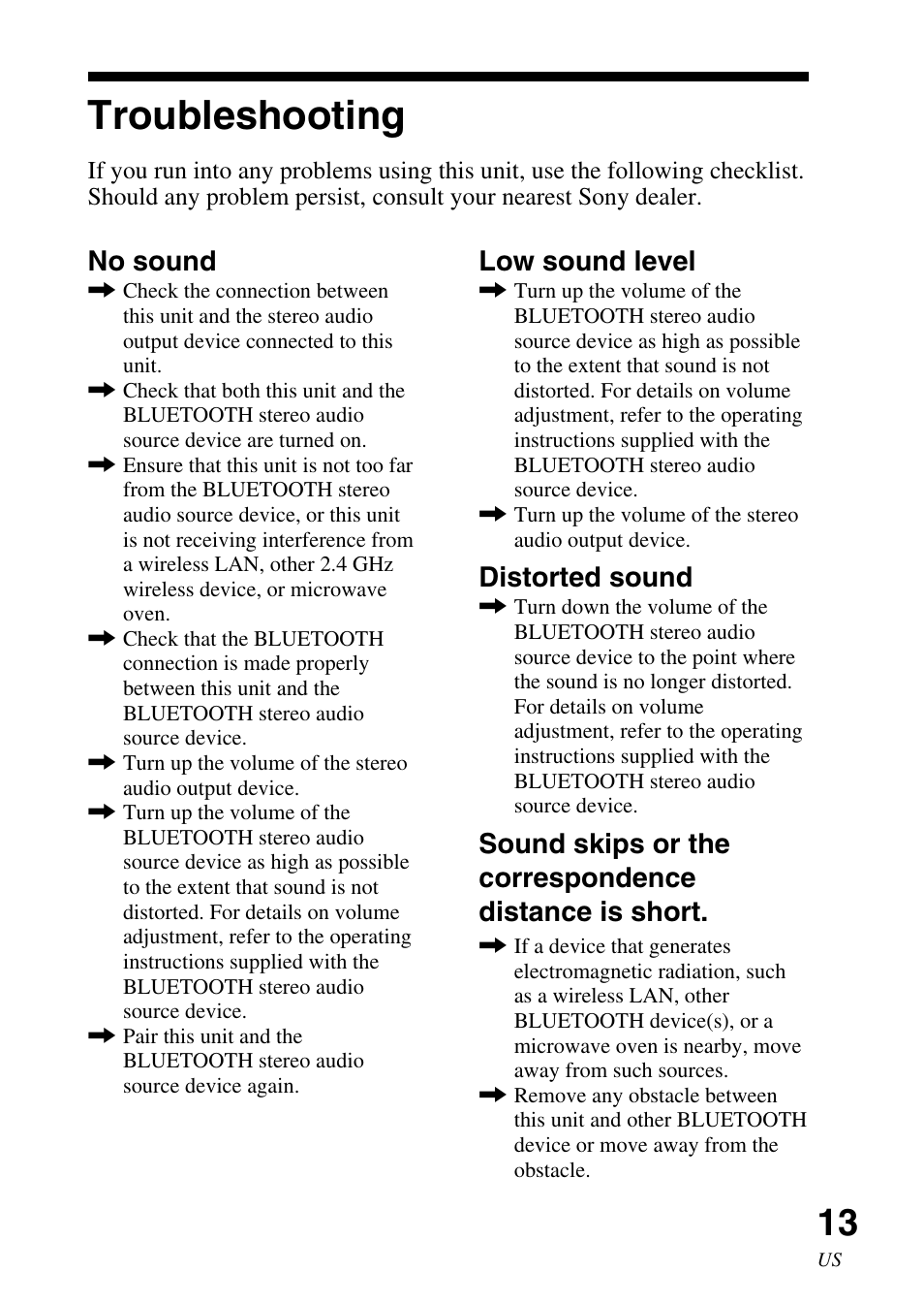 Troubleshooting, No sound, Low sound level | Distorted sound | Sony TDM-BT1 User Manual | Page 13 / 44