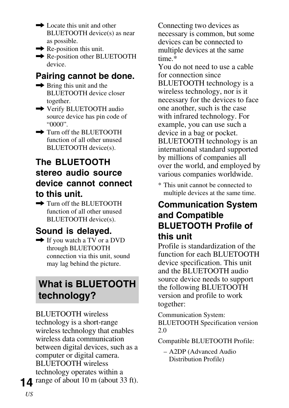 What is bluetooth technology, Pairing cannot be done, Sound is delayed | Sony TDM-BT1 User Manual | Page 14 / 44