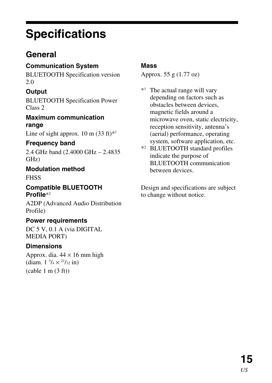 Specifications, General | Sony TDM-BT1 User Manual | Page 15 / 44