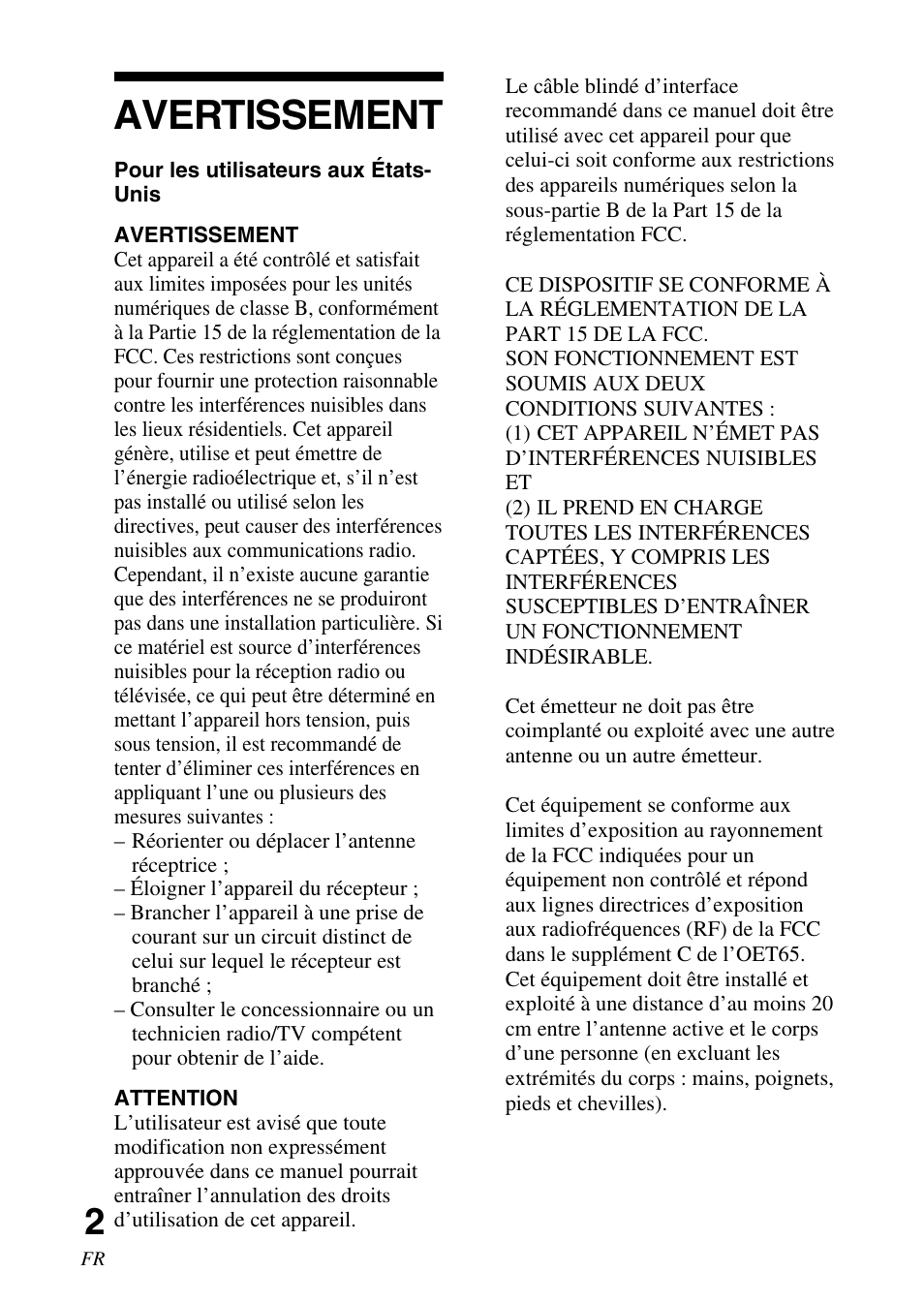 Avertissement | Sony TDM-BT1 User Manual | Page 16 / 44