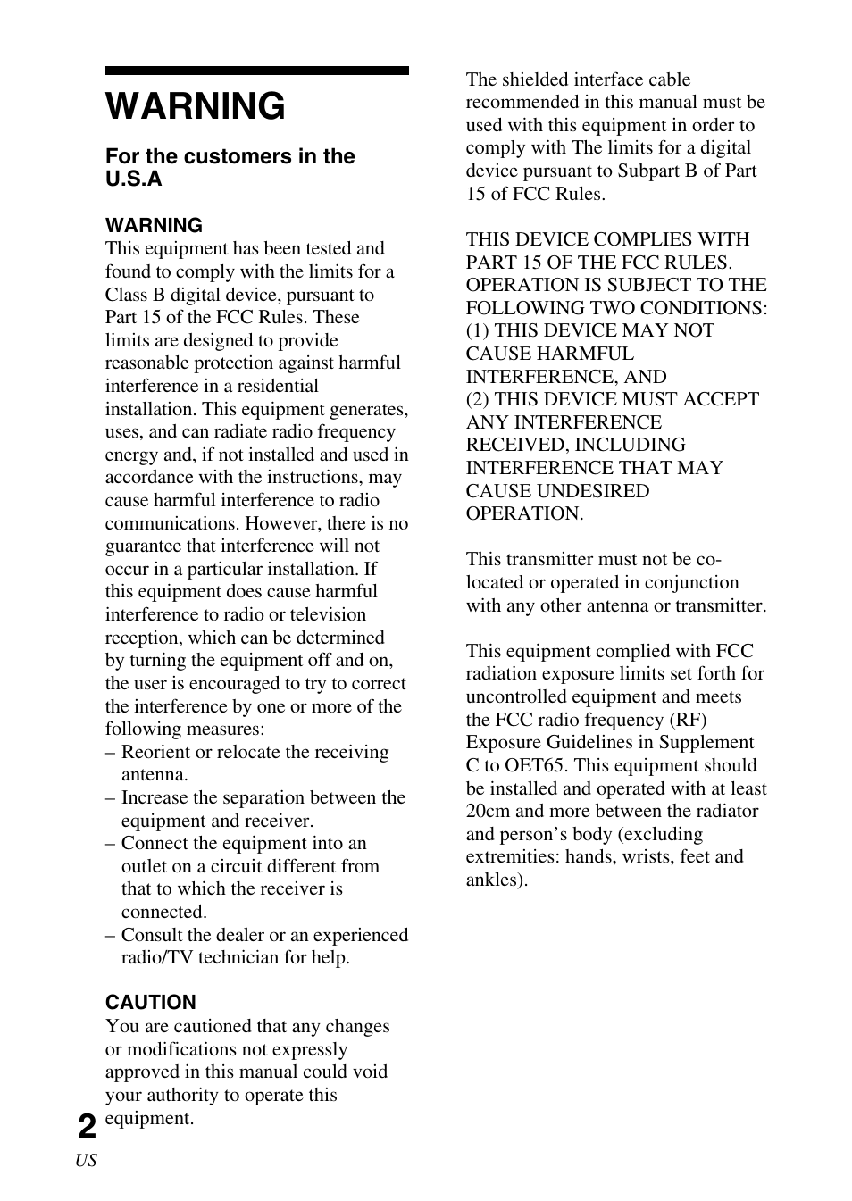 Warning | Sony TDM-BT1 User Manual | Page 2 / 44