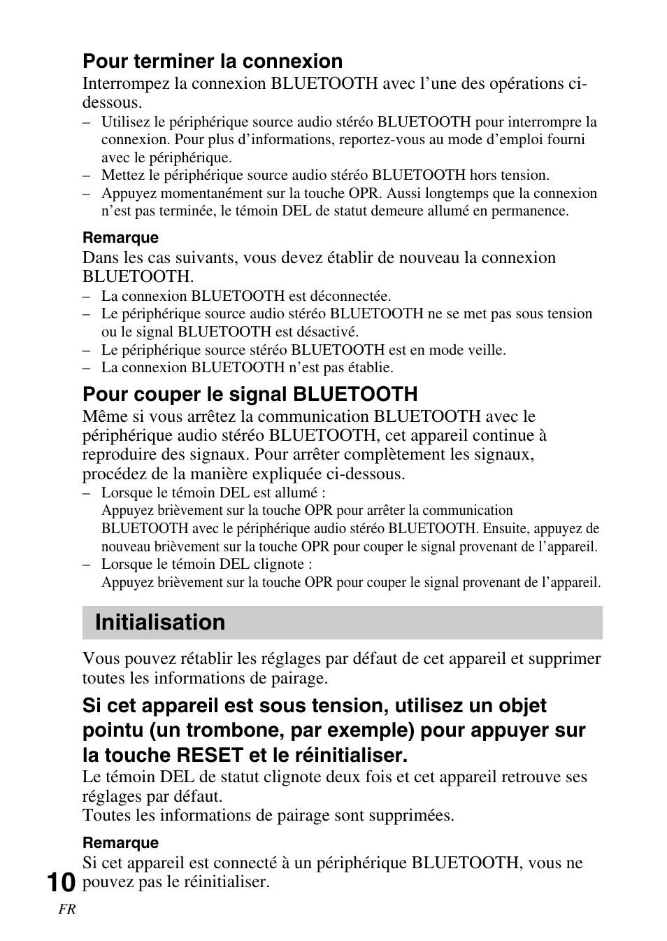 Initialisation, Pour terminer la connexion, Pour couper le signal bluetooth | Sony TDM-BT1 User Manual | Page 24 / 44
