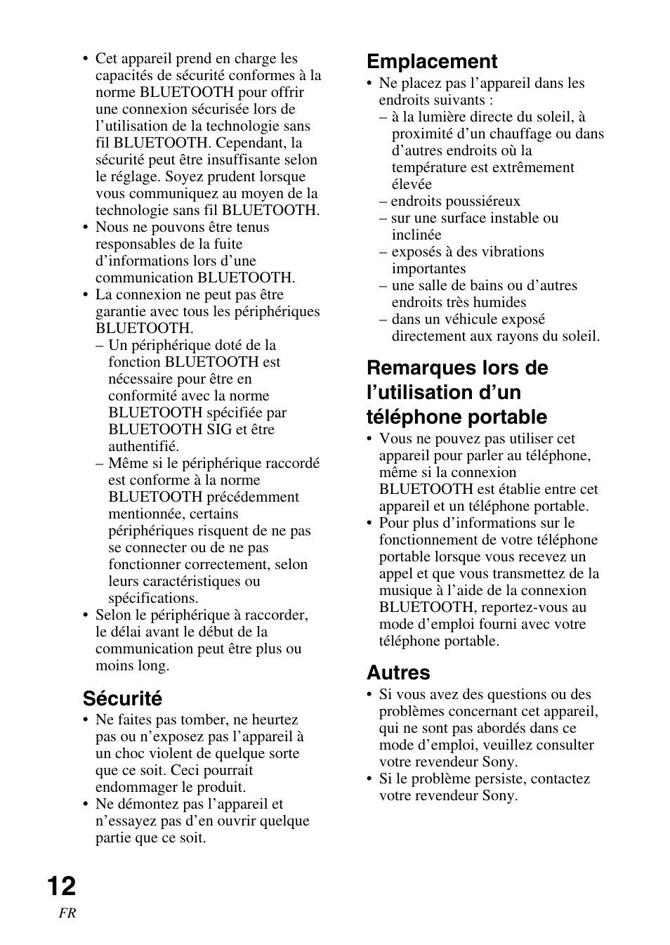 Emplacement, Autres, Sécurité | Sony TDM-BT1 User Manual | Page 26 / 44