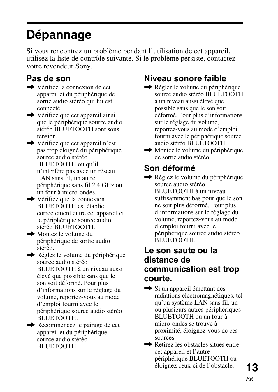 Dépannage, Pas de son, Niveau sonore faible | Son déformé | Sony TDM-BT1 User Manual | Page 27 / 44