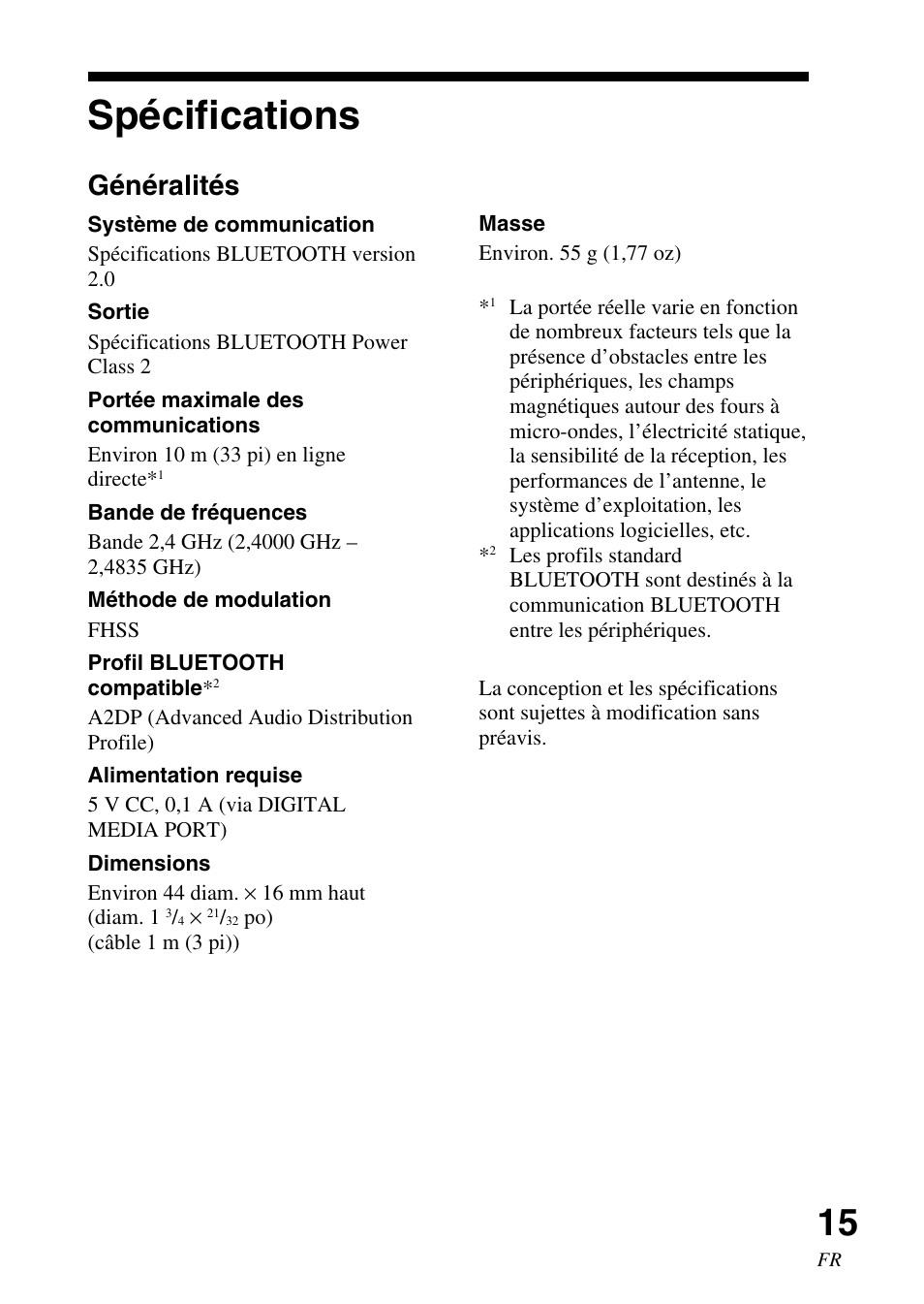 Spécifications, Généralités | Sony TDM-BT1 User Manual | Page 29 / 44