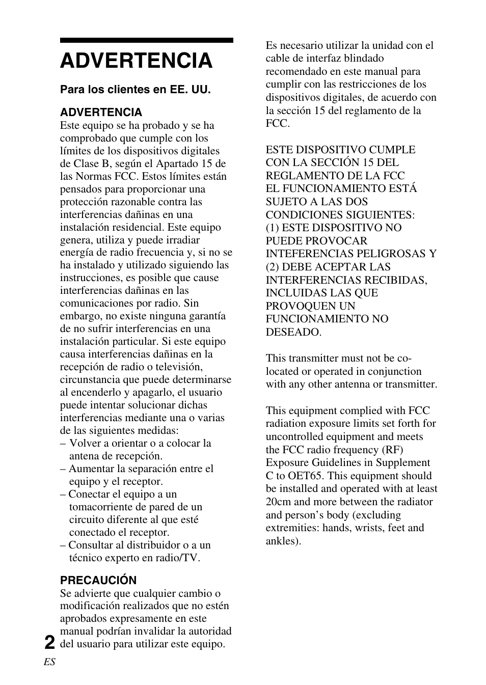 Advertencia | Sony TDM-BT1 User Manual | Page 30 / 44