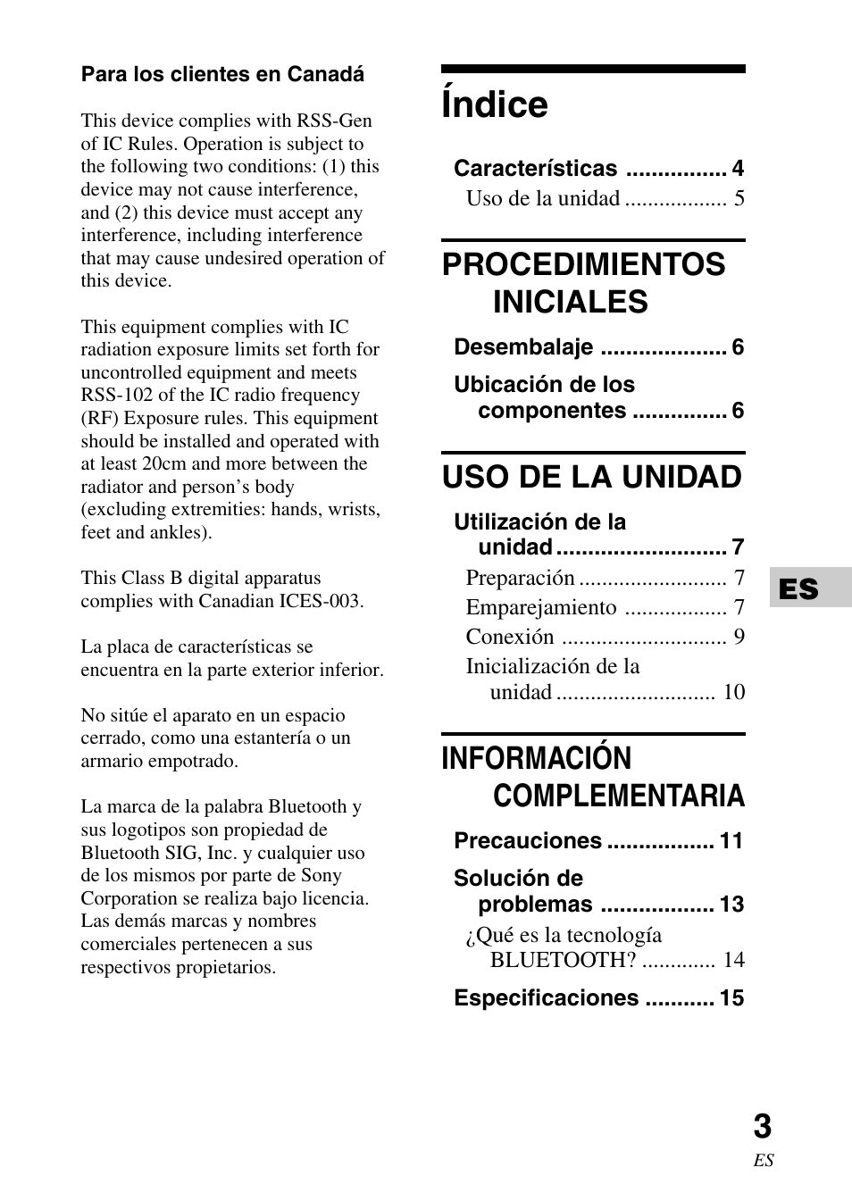 Índice, Procedimientos iniciales, Uso de la unidad | Información complementaria | Sony TDM-BT1 User Manual | Page 31 / 44