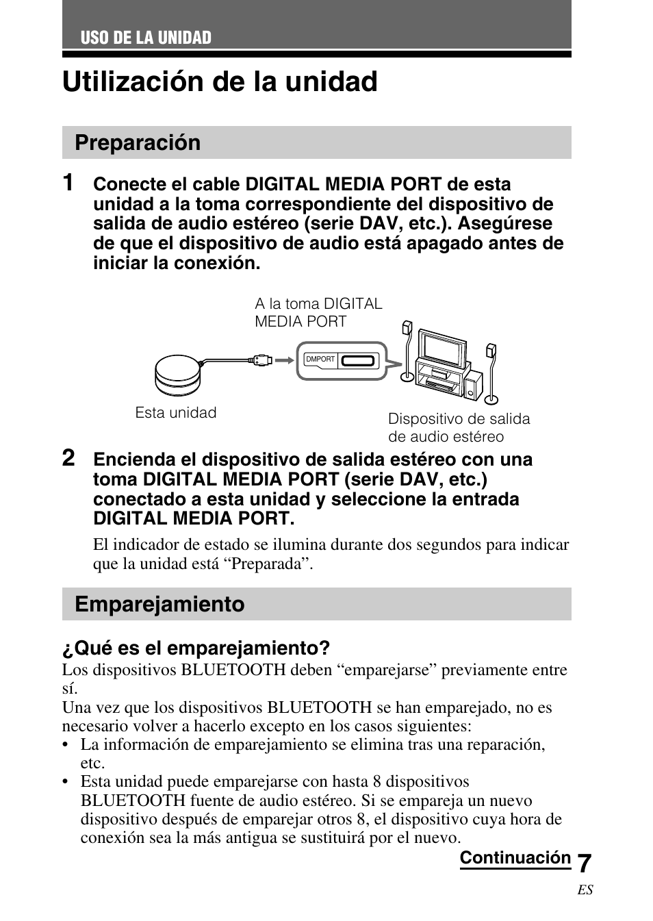 Uso de la unidad, Utilización de la unidad, Preparación | Emparejamiento, Qué es el emparejamiento | Sony TDM-BT1 User Manual | Page 35 / 44