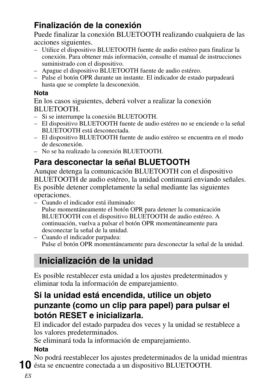 Inicialización de la unidad, Finalización de la conexión, Para desconectar la señal bluetooth | Sony TDM-BT1 User Manual | Page 38 / 44