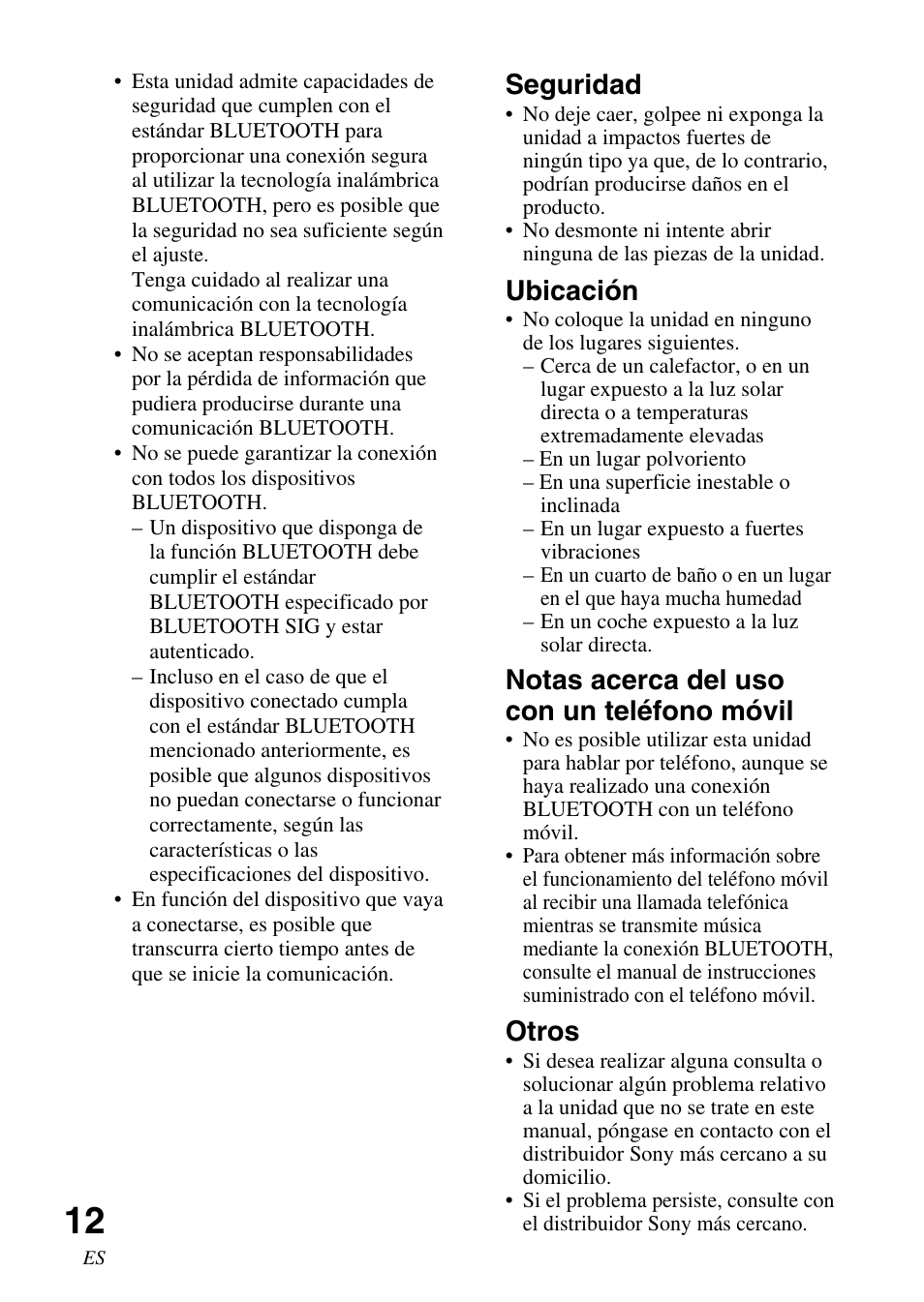 Seguridad, Ubicación, Notas acerca del uso con un teléfono móvil | Otros | Sony TDM-BT1 User Manual | Page 40 / 44