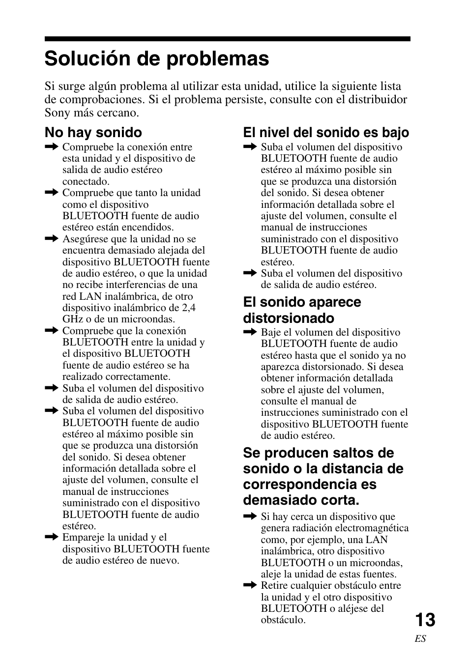 Solución de problemas, No hay sonido, El nivel del sonido es bajo | El sonido aparece distorsionado | Sony TDM-BT1 User Manual | Page 41 / 44