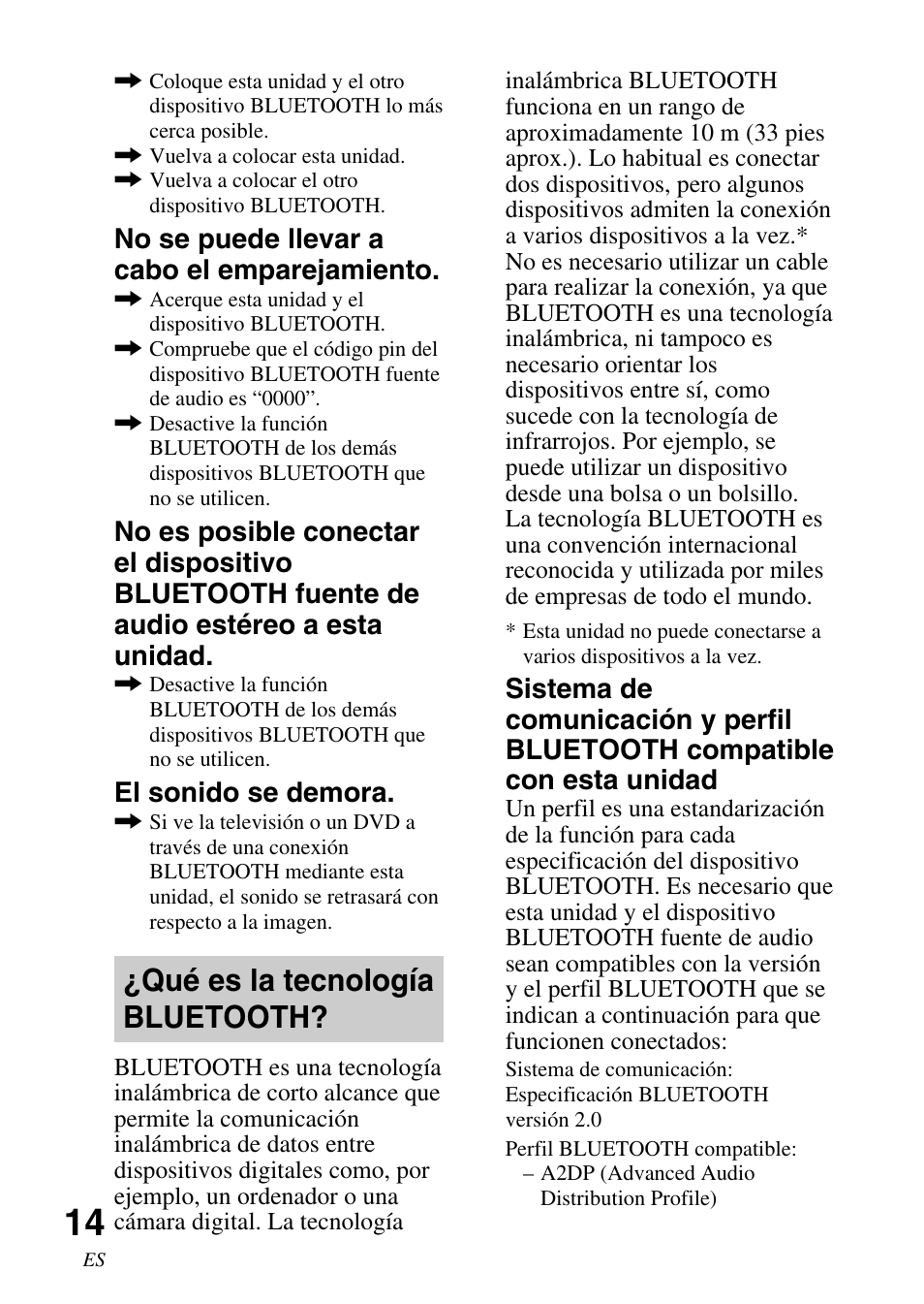 Qué es la tecnología bluetooth, No se puede llevar a cabo el emparejamiento, El sonido se demora | Sony TDM-BT1 User Manual | Page 42 / 44