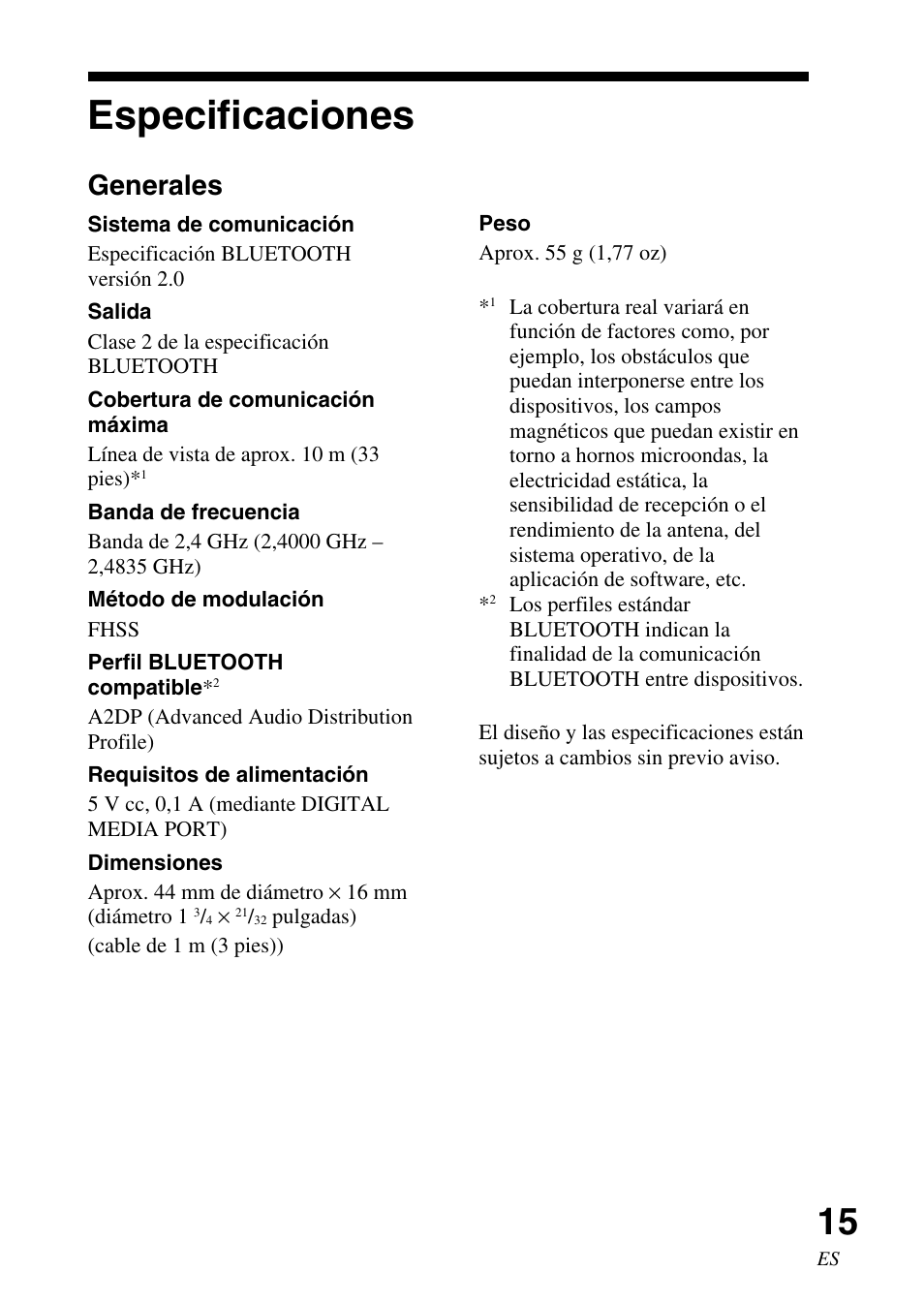 Especificaciones, Generales | Sony TDM-BT1 User Manual | Page 43 / 44