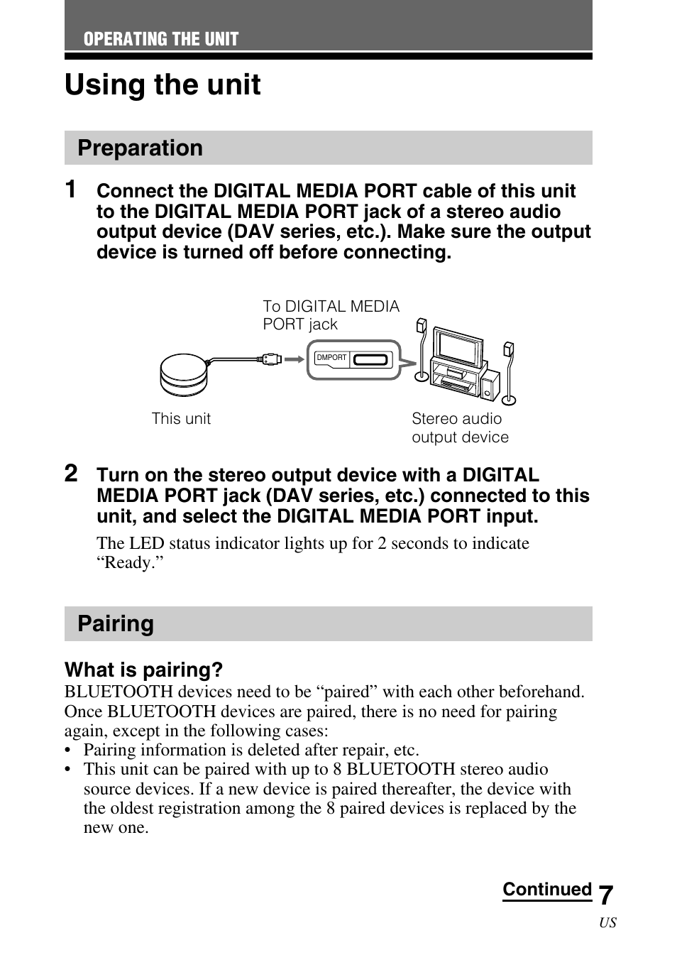Operating the unit, Using the unit, Preparation | Pairing, What is pairing | Sony TDM-BT1 User Manual | Page 7 / 44
