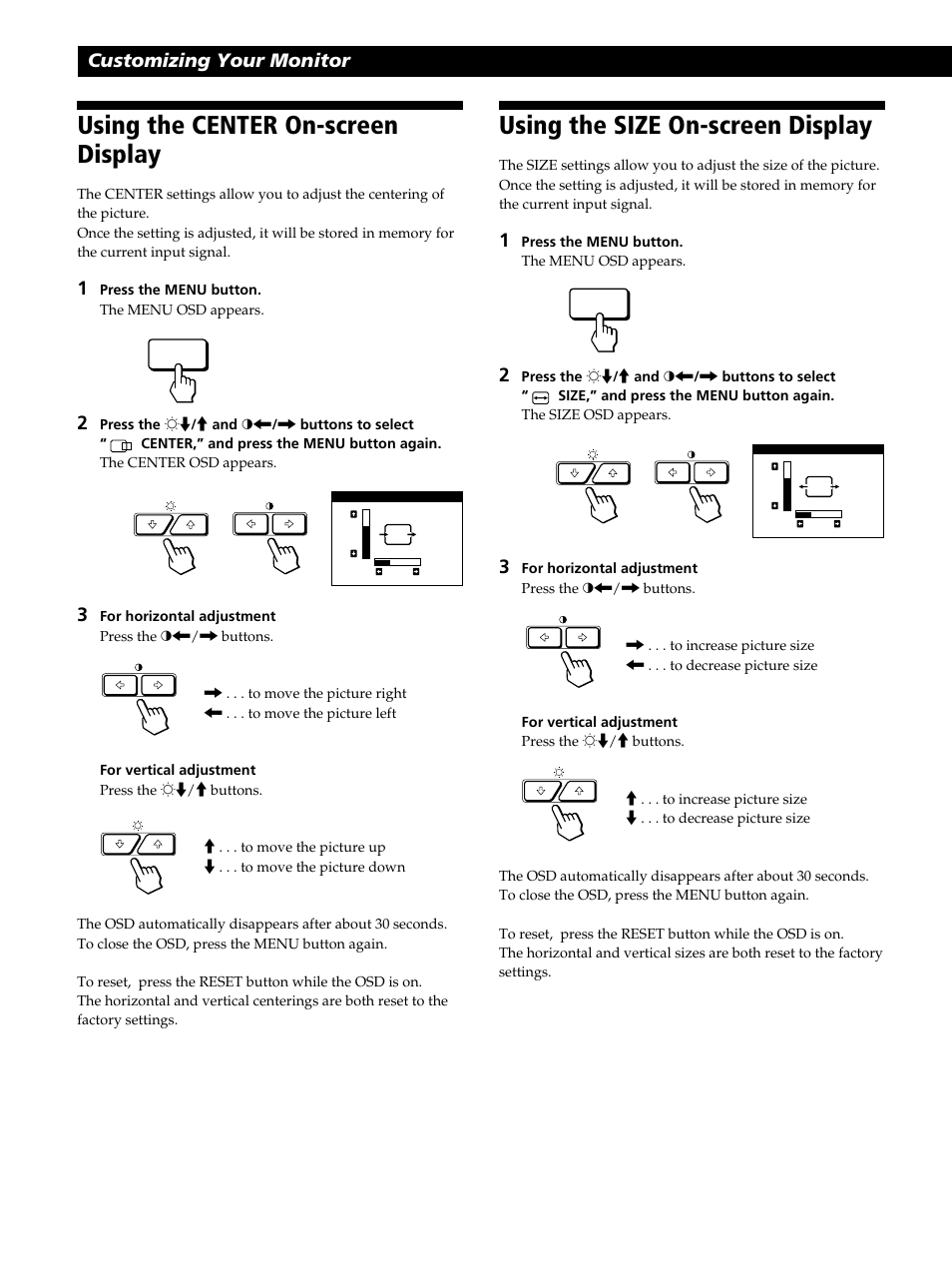 Using the center on-screen display, Using the size on-screen display, Customizing your monitor | Sony GDM-400PST9 User Manual | Page 10 / 104