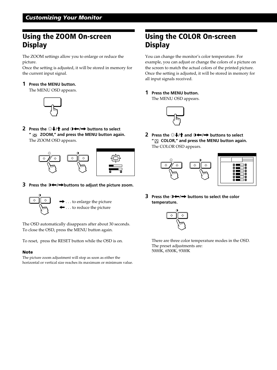 Using the zoom on-screen display, Using the color on-screen display, Customizing your monitor | Sony GDM-400PST9 User Manual | Page 12 / 104