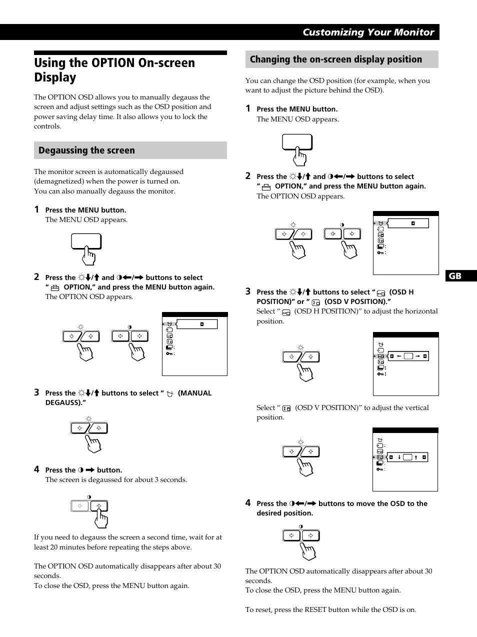 Using the option on-screen display, Getting started customizing your monitor, Degaussing the screen | Changing the on-screen display position, Fr de es gb it | Sony GDM-400PST9 User Manual | Page 15 / 104