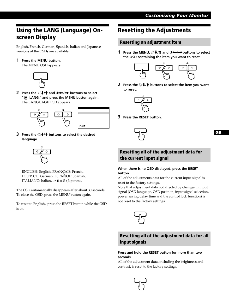 Using the lang (language) on- screen display, Resetting the adjustments | Sony GDM-400PST9 User Manual | Page 17 / 104