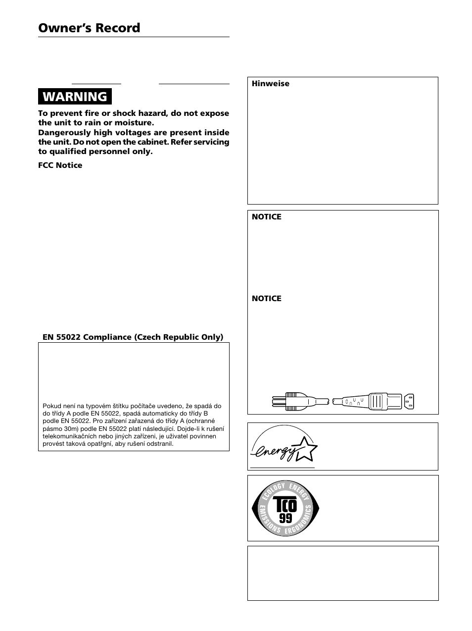 Owner’s record, Warning | Sony GDM-400PST9 User Manual | Page 2 / 104