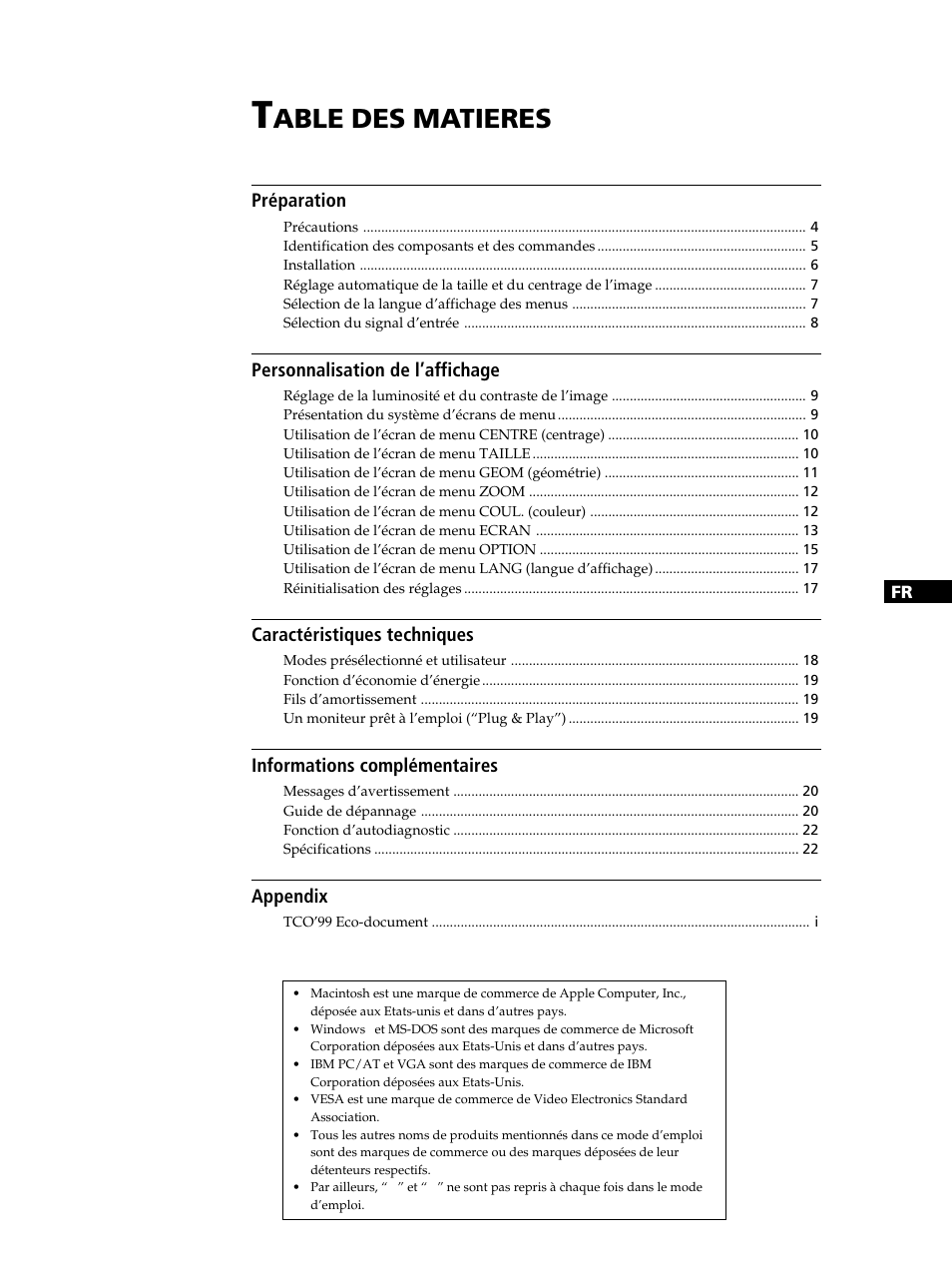 Able des matieres, Préparation, Personnalisation de l’affichage | Caractéristiques techniques, Informations complémentaires, Appendix | Sony GDM-400PST9 User Manual | Page 23 / 104