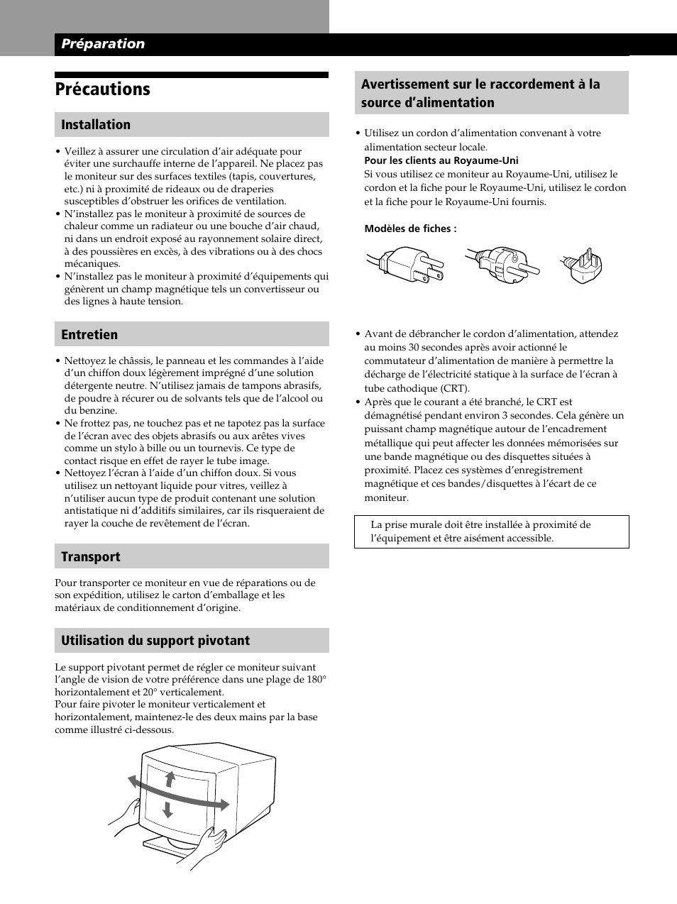 Précautions, Préparation, Installation | Entretien, Transport, Utilisation du support pivotant | Sony GDM-400PST9 User Manual | Page 24 / 104