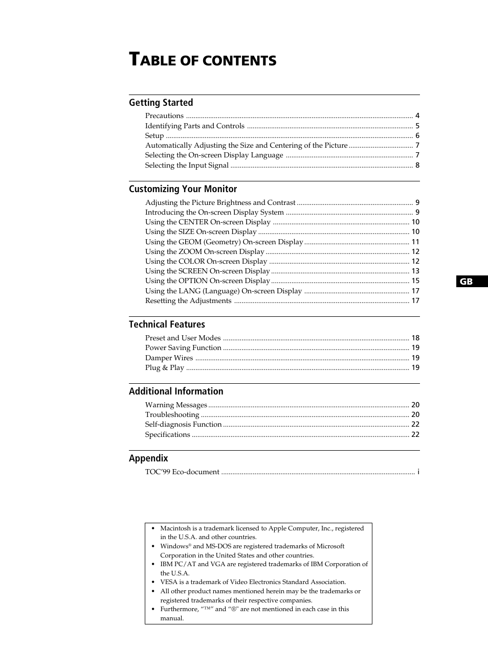 Able of contents | Sony GDM-400PST9 User Manual | Page 3 / 104