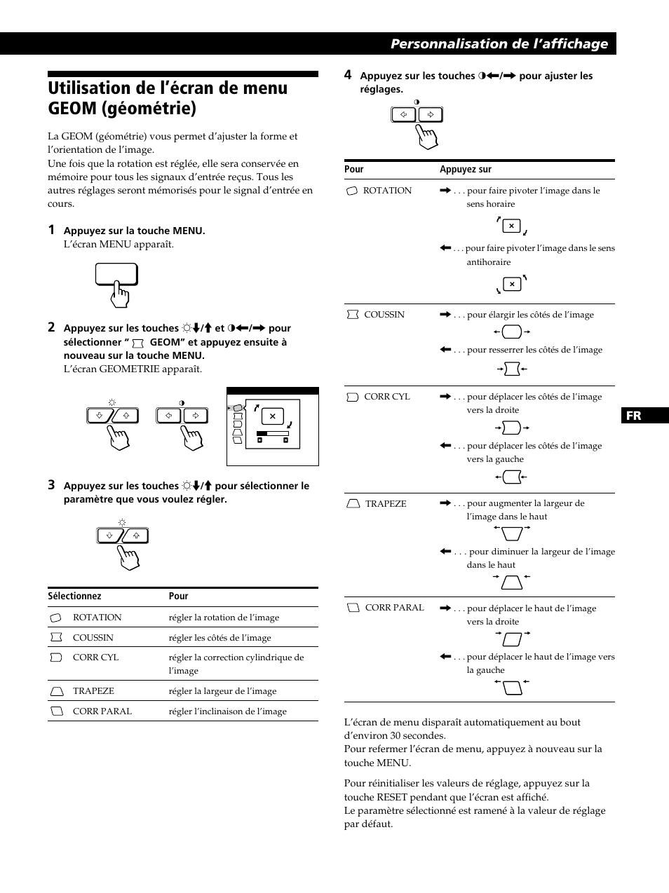 Utilisation de l’écran de menu geom (géométrie), Personnalisation de l’affichage | Sony GDM-400PST9 User Manual | Page 31 / 104