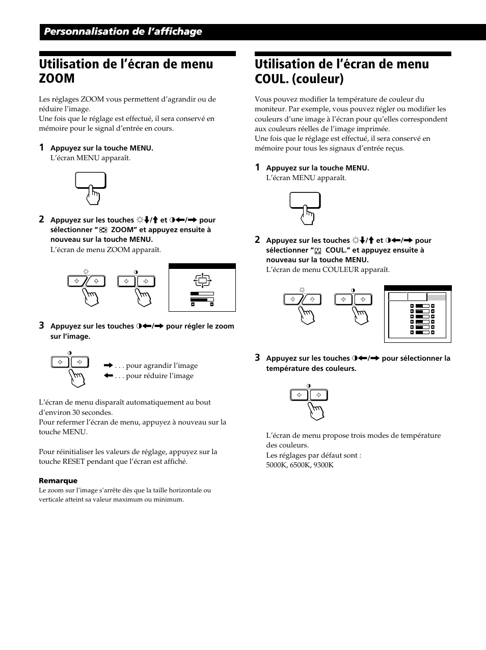 Utilisation de l’écran de menu zoom, Utilisation de l’écran de menu coul. (couleur), Personnalisation de l’affichage | Sony GDM-400PST9 User Manual | Page 32 / 104