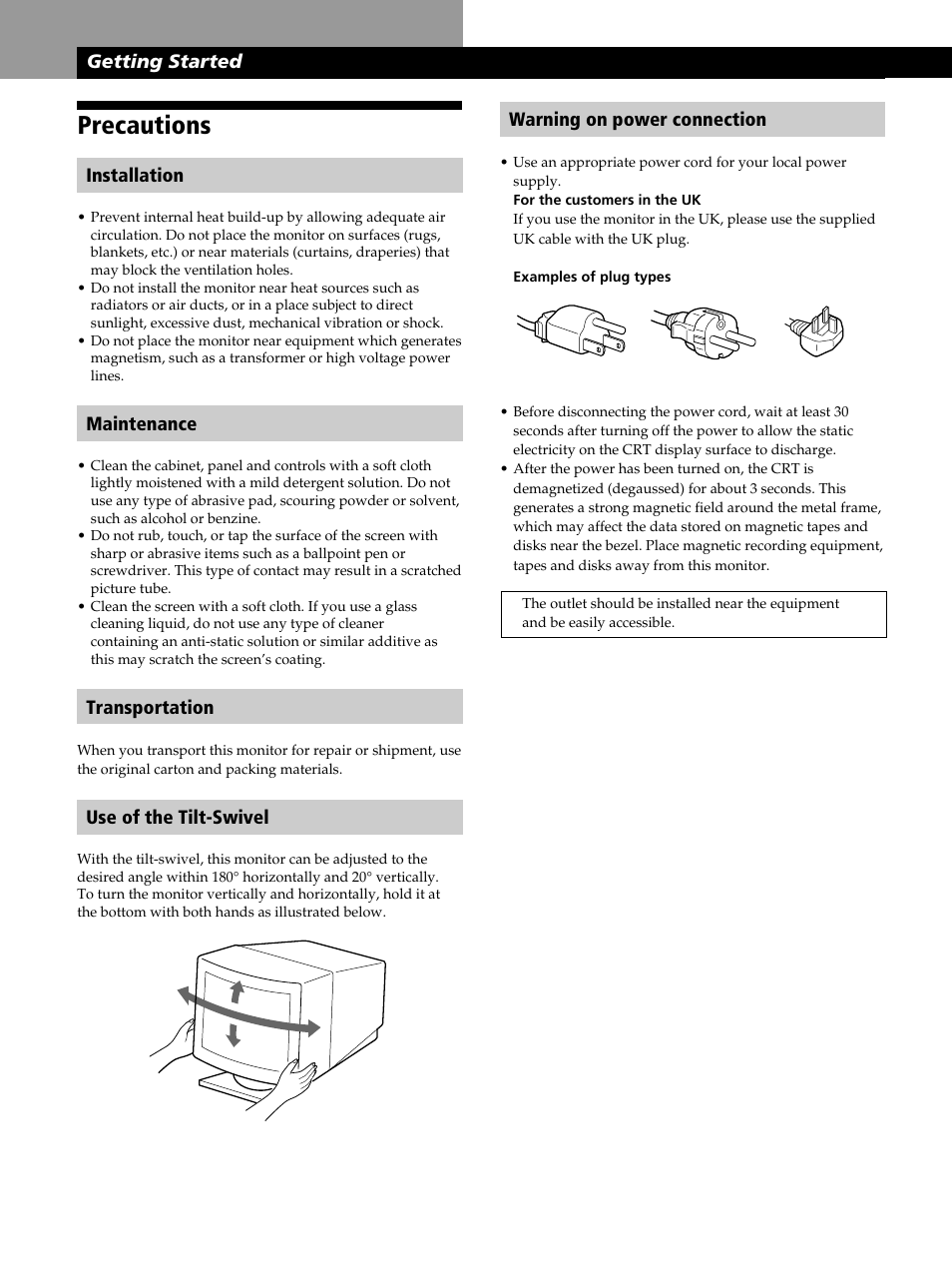 Precautions, Getting started, Installation | Maintenance, Transportation, Use of the tilt-swivel, Warning on power connection | Sony GDM-400PST9 User Manual | Page 4 / 104