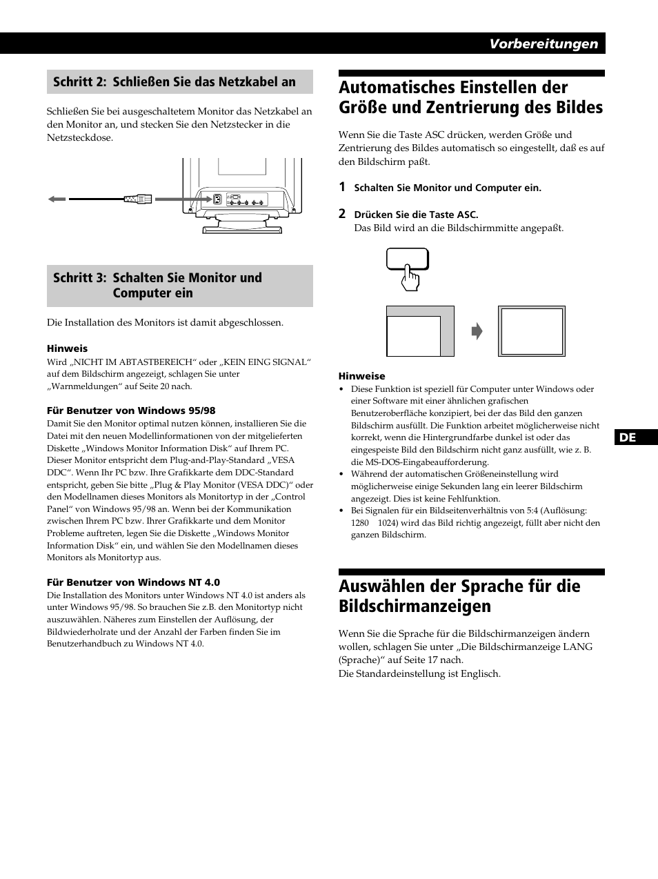 Auswählen der sprache für die bildschirmanzeigen, Getting started vorbereitungen, Schritt 2: schließen sie das netzkabel an | Schritt 3: schalten sie monitor und computer ein | Sony GDM-400PST9 User Manual | Page 47 / 104