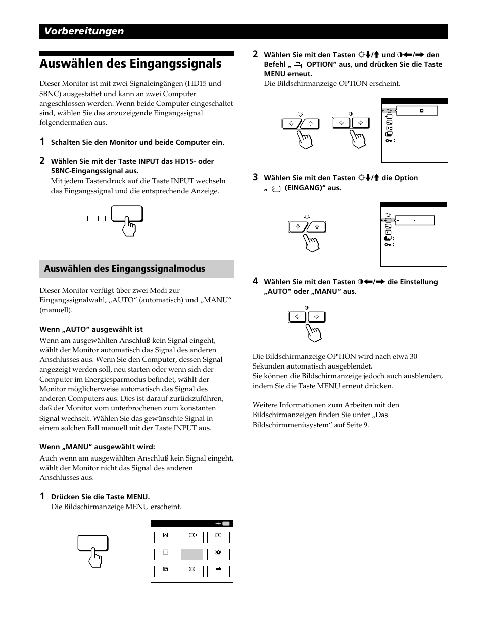 Auswählen des eingangssignals, Vorbereitungen 2, Auswählen des eingangssignalmodus | Sony GDM-400PST9 User Manual | Page 48 / 104