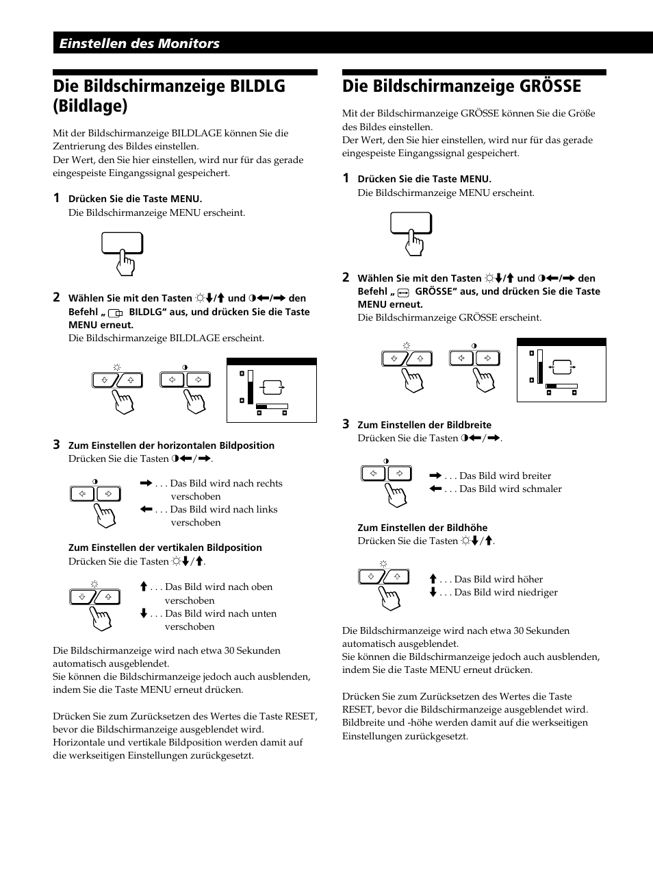 Die bildschirmanzeige grösse, Die bildschirmanzeige bildlg (bildlage), Einstellen des monitors | Sony GDM-400PST9 User Manual | Page 50 / 104