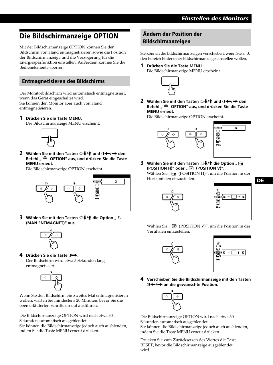 Die bildschirmanzeige option, Einstellen des monitors, Entmagnetisieren des bildschirms | Ändern der position der bildschirmanzeigen | Sony GDM-400PST9 User Manual | Page 55 / 104