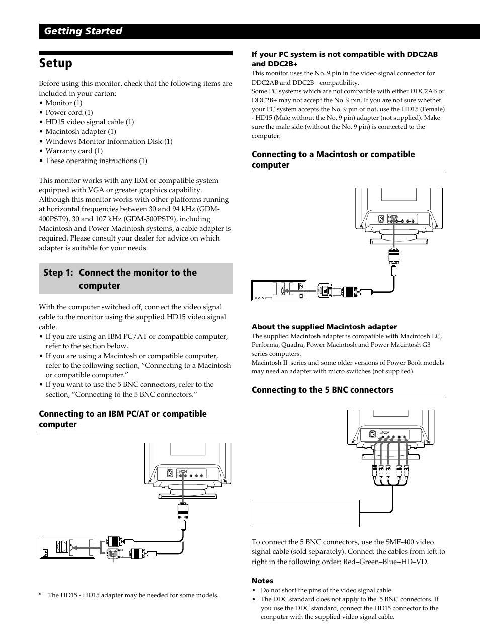 Setup, Getting started, Step 1: connect the monitor to the computer | Sony GDM-400PST9 User Manual | Page 6 / 104