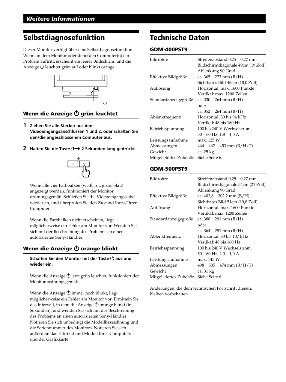 Selbstdiagnosefunktion, Technische daten, Weitere informationen | Sony GDM-400PST9 User Manual | Page 62 / 104