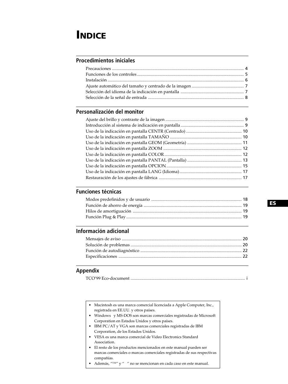 Ndice, Procedimientos iniciales, Personalización del monitor | Funciones técnicas, Información adicional, Appendix | Sony GDM-400PST9 User Manual | Page 63 / 104