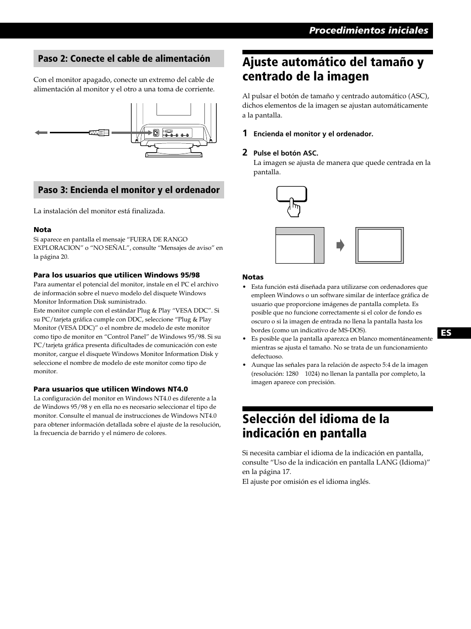 Selección del idioma de la indicación en pantalla, Procedimientos iniciales, Paso 2: conecte el cable de alimentación | Paso 3: encienda el monitor y el ordenador | Sony GDM-400PST9 User Manual | Page 67 / 104