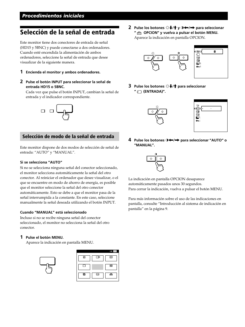 Selección de la señal de entrada, Procedimientos iniciales 2, Selección de modo de la señal de entrada | Sony GDM-400PST9 User Manual | Page 68 / 104