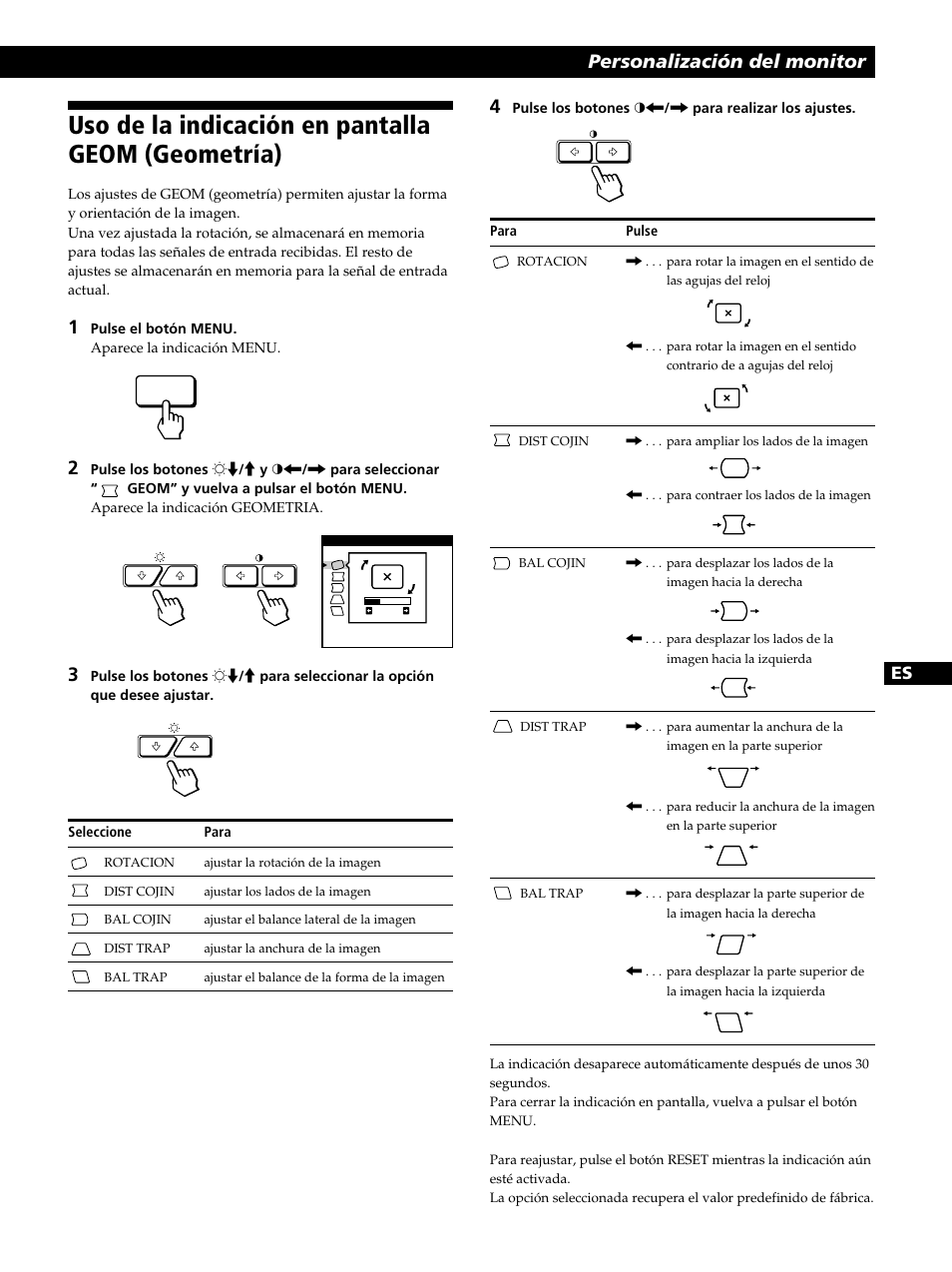 Uso de la indicación en pantalla geom (geometría), Personalización del monitor | Sony GDM-400PST9 User Manual | Page 71 / 104