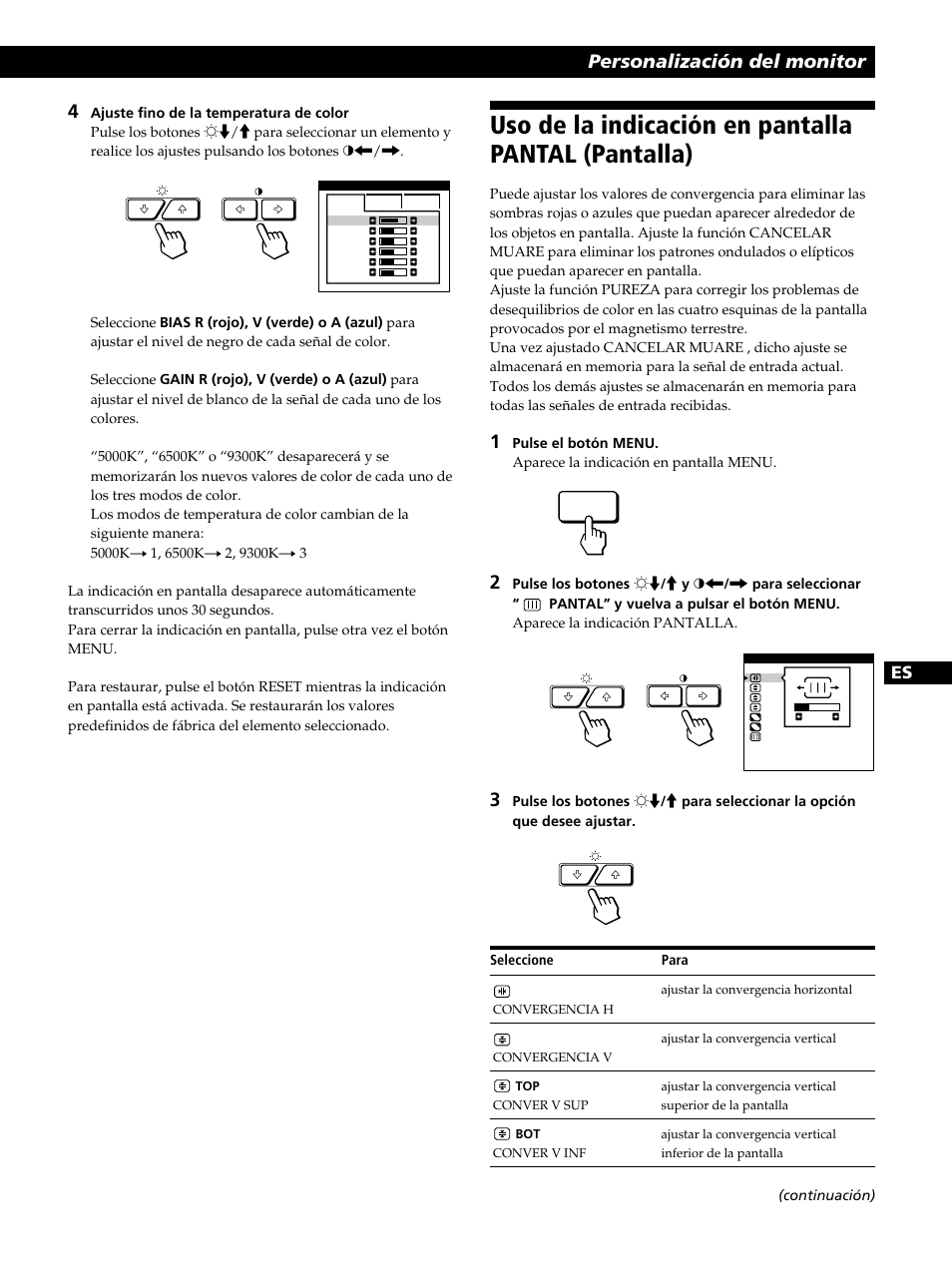 Uso de la indicación en pantalla pantal (pantalla), Personalización del monitor | Sony GDM-400PST9 User Manual | Page 73 / 104