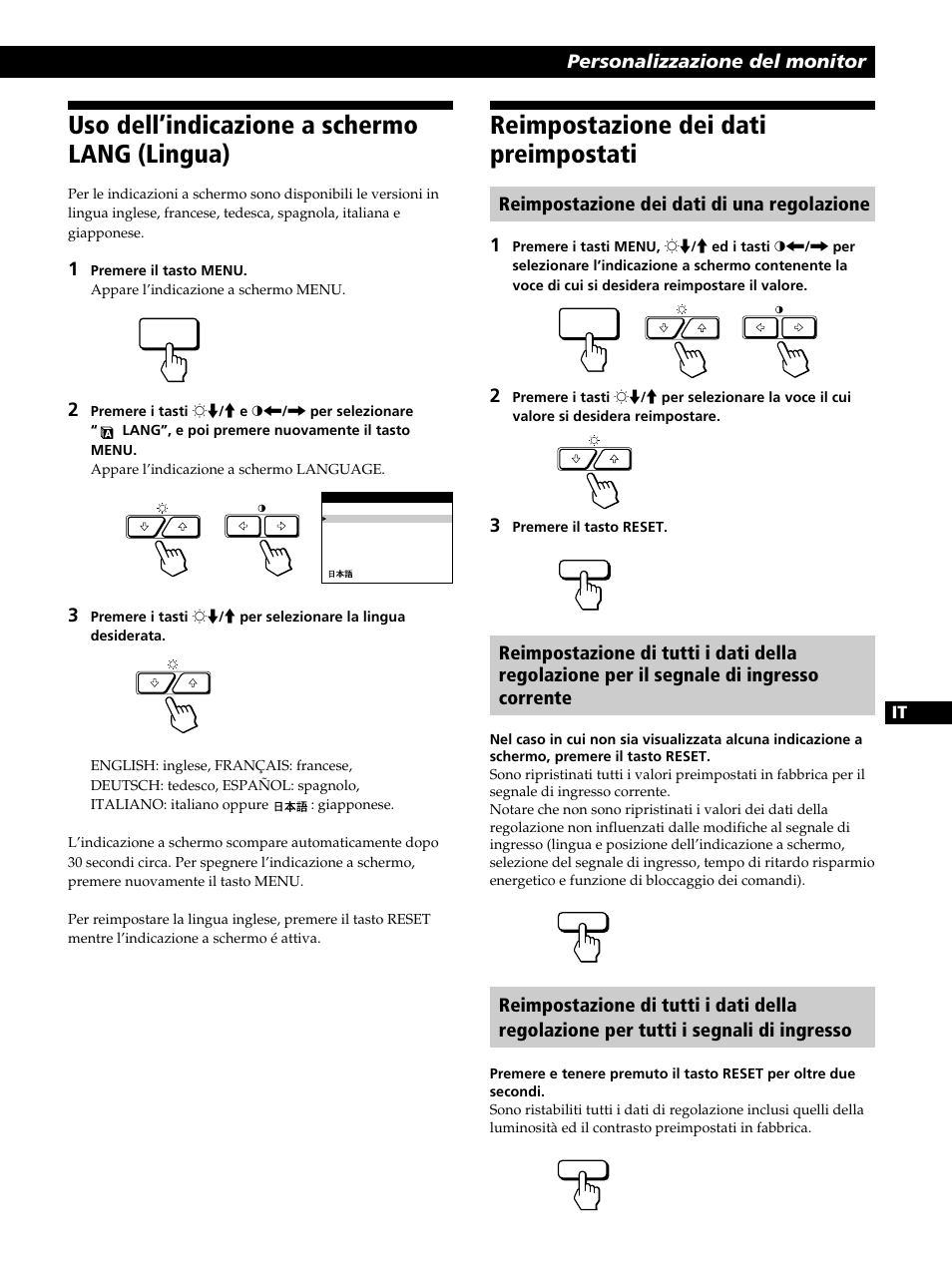 Uso dell’indicazione a schermo lang (lingua), Reimpostazione dei dati preimpostati | Sony GDM-400PST9 User Manual | Page 97 / 104